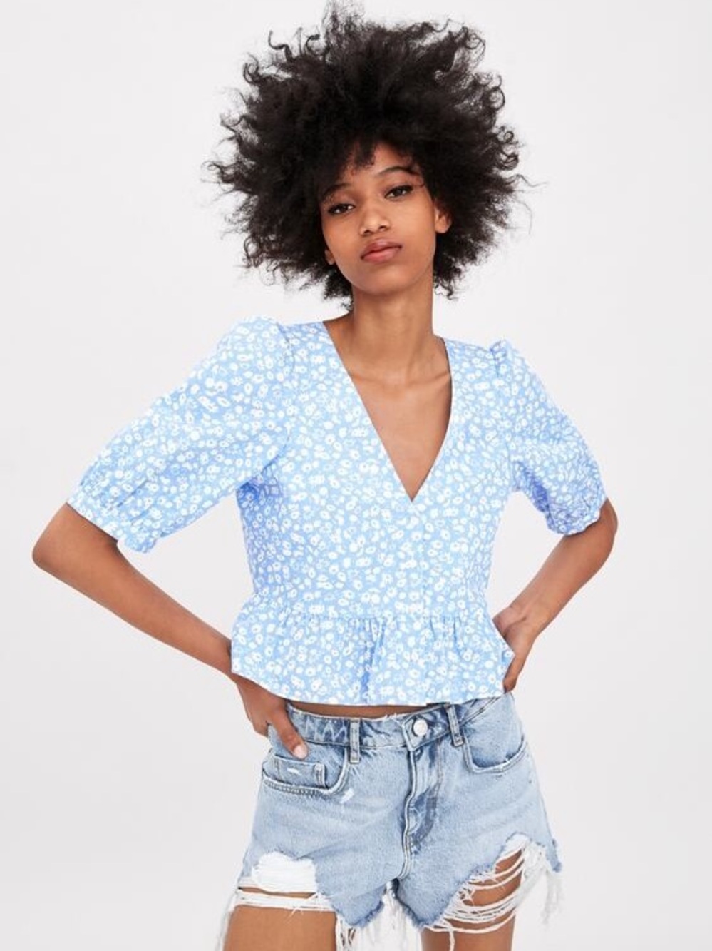 Zara Light Blue Floral V-Neck Peplum Blouse